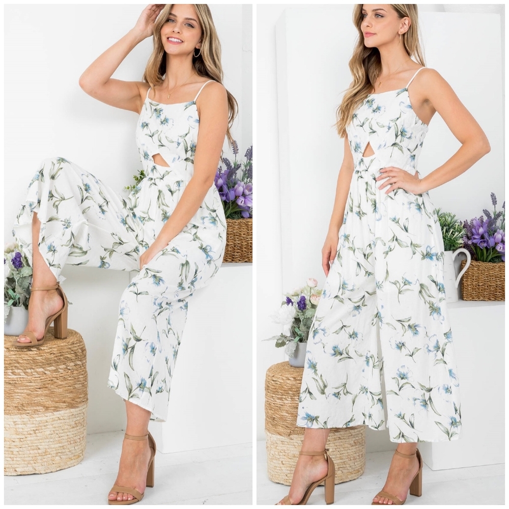 DOE & RAE White Floral Peek-A-Boo Cut Out Wide Leg Jumpsuit - Picture 7 of 9